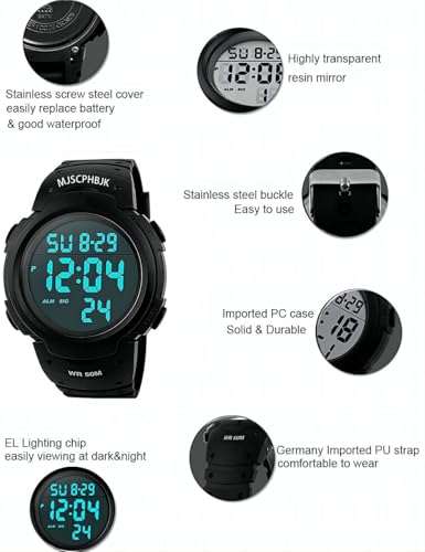 MJSCPHBJK Mens Digital Sports Watch, Waterproof LED Screen Large Face Military Watches for Men
