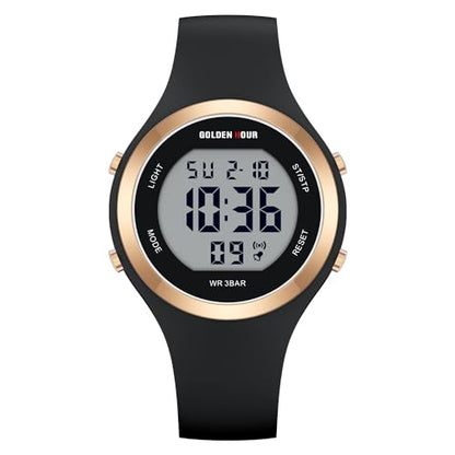 GOLDEN HOUR Waterproof Sport Women's Digital Chronograph Silicone Strap Watch - color: Black