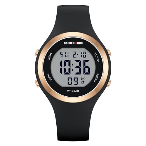 GOLDEN HOUR Waterproof Sport Women's Digital Chronograph Silicone Strap Watch - color: Black