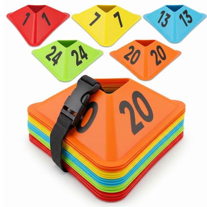 24 Pack Sports Cones Soccer Cones with Numbered for Training Agility Drills with 5 Colors Orange Blue Green Yellow Red Football Cones