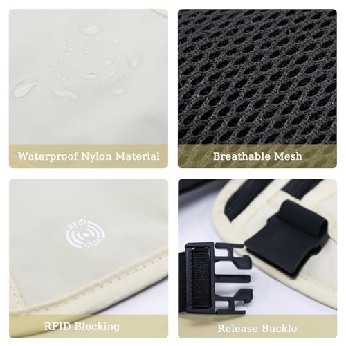 FuninCrea Waterproof Hidden Money Belt for Travel, Anti-Theft Belt Bag with RFID Blocking Function Adjustable Slim Waist Bag with 2 Zipper Pockets and 1 Back Pocket for Travel Running (B, Beige) - color: B, Beige