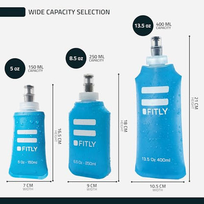 FITLY FLASKS Combo - 3 Handheld Soft Flask, Collapsible Water Bottles for Running, Marathon, Hiking, Cycling (5 oz, 8.5 oz, 13.5 oz / 150-250-400 ml) - color: Blue, style: Sporty