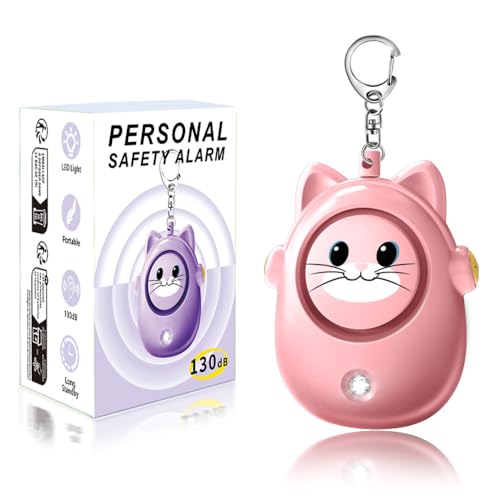 Personal Alarms Keychain, 130dB Loud Safety Siren, LED Light, Cute Cat Design Security Device for Women, Elderly, Children - color: Pink
