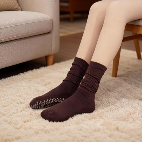 Grip Pilates Socks for Women Mid Calf Slouch Yoga Socks with Non Slip Grippers - color: Brown-3pk