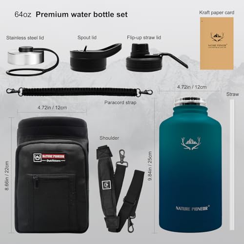 NATURE PIONEOR 64 oz Insulated Water Bottle with Carrier Bag & 3 Lids - color: Malachite Blue, size: 64 Ounces
