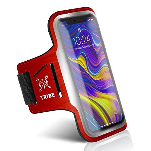TRIBE Running Phone Holder Armband. iPhone & Galaxy Cell Phone Sports Arm Bands for Women, Men, Runners, Jogging, Walking, Exercise & Gym Workout. Fits All Smartphones. Adjustable Strap, CC/Key Pocket - color: Red, size: S: iPhone Mini/8/7/6/5/4/3/SE/Gala