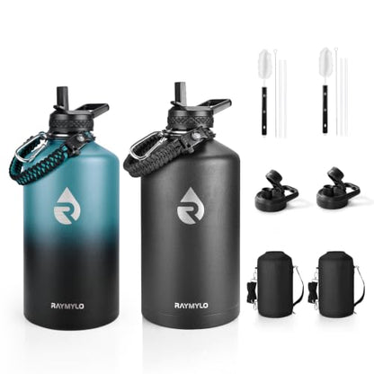 RAYMYLO One Gallon Water Bottle Insulated 128 oz 2 Pack, Stainless Steel - color: Magic Black+Indigo/Black, size: 128 Ounces