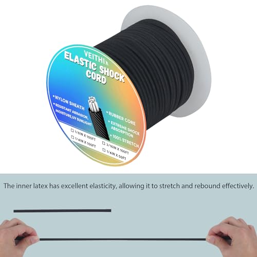 Shock Cord 1/8 inch,Black Nylon Elastic Rope,Bungee Rope,Bungee Cord Roll 100 ft-Bungee Shock Cord for Camping, Kayak,Decks for Repairing Tent Poles, DIY, Tie Downs - style: 1/8inx100ft Black