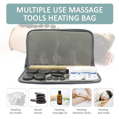 Massage Stones Set with Warmer Kit Hot Rocks Bamboo for Massage Hot Stones Massage Warmer Kit with Temperature Control and Carry Bag for Home Use (11 Stones and 3 Sticks) Suitable for Gifting