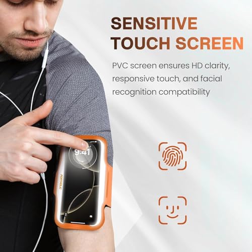 PORTHOLIC Running Armband Phone Holder with Earphone Pouch Fits up to 6.9" - color: Orange (Up to 6.9'')