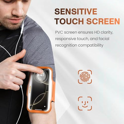 PORTHOLIC Running Armband Phone Holder with Earphone Pouch Fits up to 6.9" - color: Orange (Up to 6.9'')