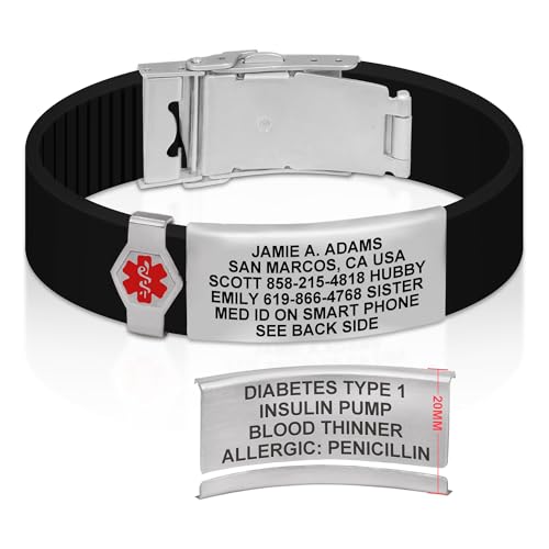 Divoti Custom Dual-Sided Engraved Silicone Medical Alert ID Wristband w/Security Clasp & Trim-to-Fit Band - Style - color: True Black / Brushed Stainless Silver / Red, size: Band Width - 19mm