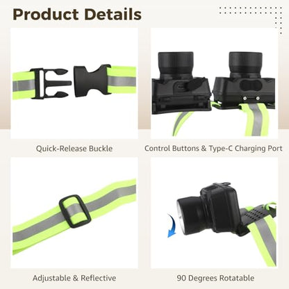 Running Chest Light for Runners, Rechargeable Lamp with Reflective Vest Straps, 35-550 Lumens Adjustable Beam, 6 Modes, 90° Angle Adjustable Night Running Gear for Walking Jogging Hiking