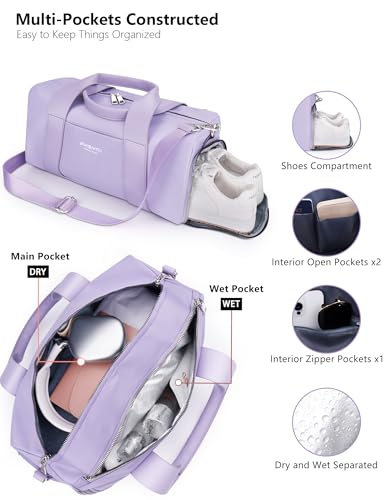 16" Gym Bag for Women,with Shoes Compartment and Waterproof Pocket(Purple) - color: Purple, size: 16" Small Size