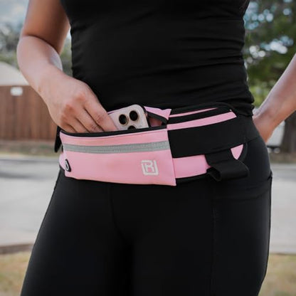 Slim Running Belt for Women & Men – Waterproof Waist Pack for Jogging, Hiking & Gym – Workout Belt Bag with Reflective Strip & Phone Holder - color: Pink