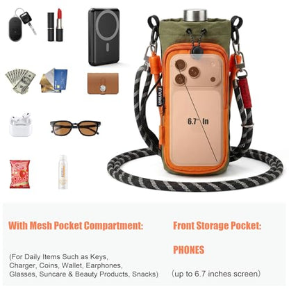 Water Bottle Holder with Strap - Crossbody Bottle Carrier Bag with Phone Pocket, Fits 32 oz Flasks for Men & Women - color: Orange