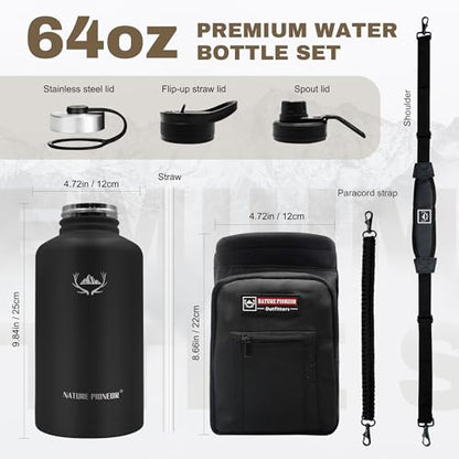 NATURE PIONEOR 64 oz Insulated Water Bottle with Carrier Bag & 3 Lids - color: Black, size: 64 Ounces