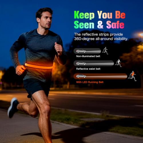 BSEEN LED Running Waist Belt - USB Rechargeable Reflective Glowing LED Waistband, Flashing Safety Light Belt for Runners, Joggers, Walkers, Pet Owners, Cyclists - color: RGB-L(110cm)