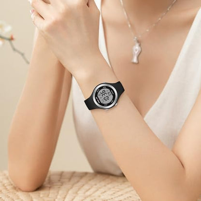 GOLDEN HOUR Waterproof Sport Women's Digital Chronograph Silicone Strap Watch - color: Silver Black