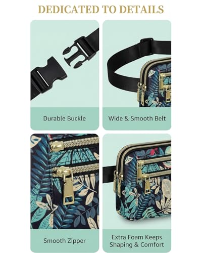 Fanny Packs for Women Crossbody Belt Bags, Waist Pack with Adjustable Strap - color: B-Blue Leaves, size: Double Layer