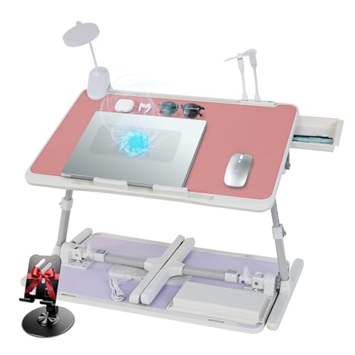 iXTRA Adjustable Laptop Lap Desk with Cooling Fan USB Light for Adults 56x32cm,Pink - color: Pink+holder,56x32cm