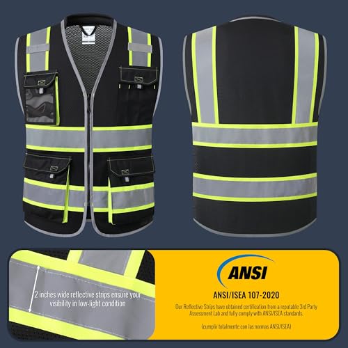 JKSafety Safety Vest for Men Women Hi Vis with Pockets and Cushioned Collar Construction Vest Meet ANSI Standard (BX360) - color: Black, size: 5X-Large