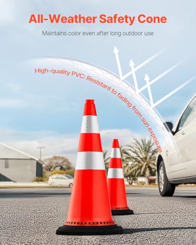 VEVOR Safety Cones, 8 Pack 30" Traffic Cones, PVC Orange Construction Cones with Reflective Collars and Black Weighted Base, for Traffic Control, Driveway Road Parking and School Improvement - size: 30''