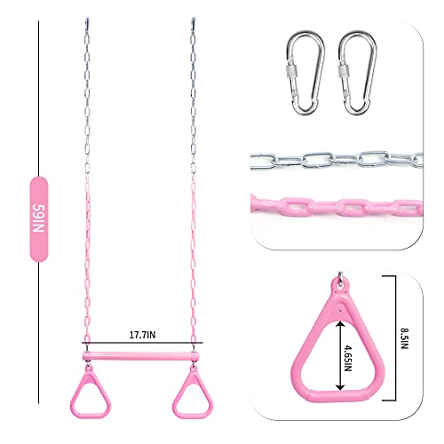 18" Pink Trapeze Swing Bar Rings 48" Heavy Duty Plastic Coated Chains Swing Set Accessories - color: Pink