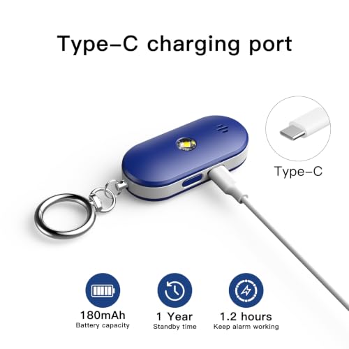 Personal Safety Alarm for Women, 130dB Rechargeable Keychain Alarm with Dual Speakers, LED Strobe Light, Low Power Indicator and USB-C Charging, (Blue) - color: Blue
