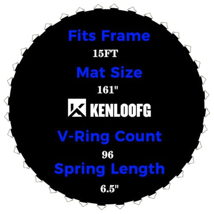 Trampoline Replacement Mat,72/96 V-Rings,Fits 12/14/15ft Trampoline Frame & 5.5"-7" Springs - color: Black, size: 15FT|161"Dia|96 V-Rings|Fits 6.5" Springs Length