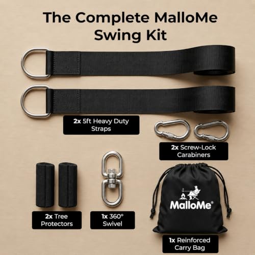 MalloMe Tree Swing Straps & Hammock Straps for Trees – Multi-Purpose Hanging Kit, Heavy Duty Adjustable Tree Strap for Hammocks, Swings & Outdoor Use, Safe for Branch or Between 2 Trees - style: 2200 LB - D-Ring 5FT w/ Swivel (Ideal for Swings)