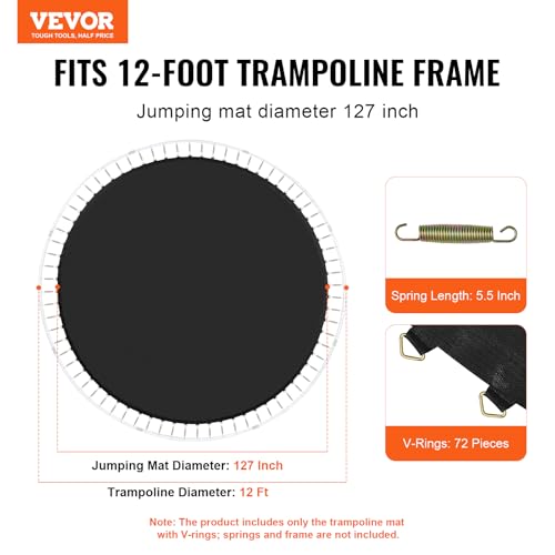 VEVOR Replacement Trampoline Mat, Jumping Mat Fits 12/13/14/15 ft Frame, Universal Jumping Round Trampoline, UV-Resistant Mat with Spring Tool & 72/80/92 V-Rings, Fit 5.5"/6.5"/7" Spring Length - style: 12FT-72 V-rings-Fit 5.5" Spring Length
