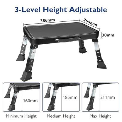 BONTEC Folding Step Stool, 3-Level Adjustable Metal Step Stool, 330lbs - color: Black
