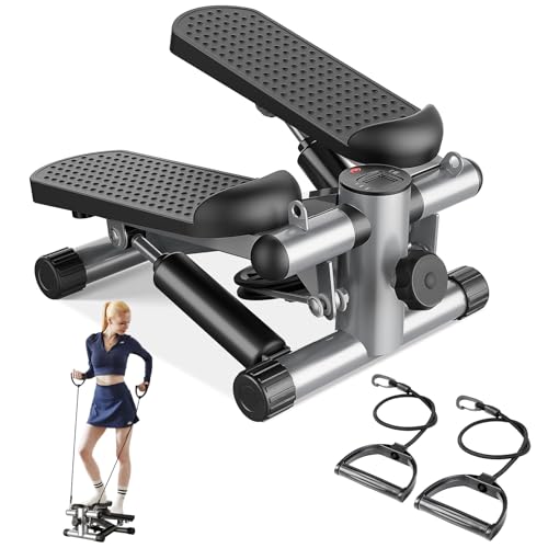 Sweetcrispy Mini Stair Steppers with Resistance Bands for Exercise at Home, Portable Exercise Twist Stepper Machine for Full Body Workout, 300LBS Capacity - color: Upgrade Sliver