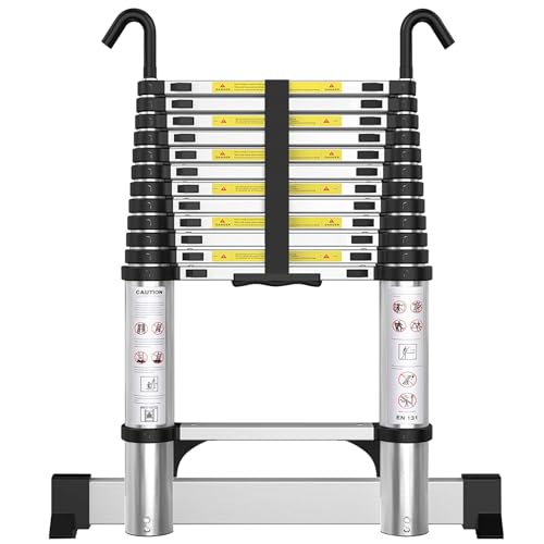 Telescoping Ladder Aluminum 12.5 FT with Hooks and Stabilizer - size: 12.5FT