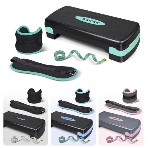 SAKAE Exercise Step Platform Set with Ankle Weights & Measuring Tape, Adjustable Height 2 Level Risers Workout Step Trainer, Aerobic Steppers for Home Gym Exercise Fitness Workout, Multiple Colors - color: Green