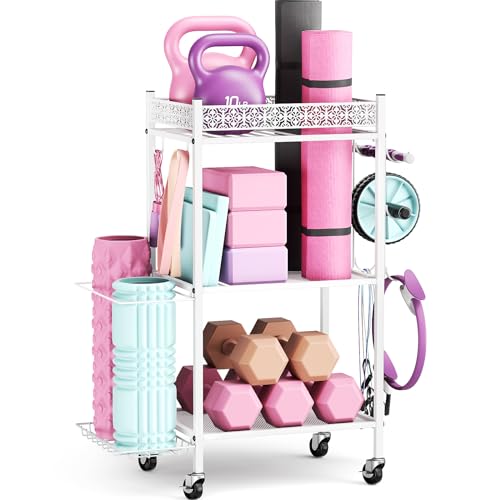 VOPEAK Home Gym Storage Rack, 3-Tier Yoga Mat Storage with Wheels & Hooks - color: WHITE