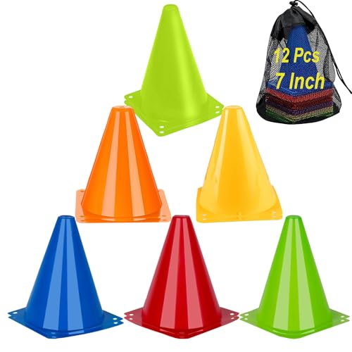 Soccer Cones Sports Training Agility Field Marker Cone, 12 Pack 7 Inch Training Cones Set with Mesh Bag, Colorful Cones for Soccer, Skating, Basketball, Baseball Drills, Outdoor & Indoor Activity