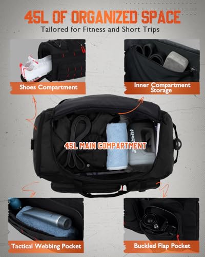 Gonex 45L 3-in-1 Duffel Bag for Gym & Travel - color: Black with Red Accents, size: 45L