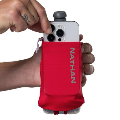 Nathan SpeedDraw 2 Insulated Handheld Running Water Bottle Flask – Double-Wall Insulation, Ergonomic Grip, Blast Valve Cap, Phone & Key Storage Pockets, Reflective Design - 12oz Insulated - Ribbon Red - color: Ribbon Red 12oz Insulated