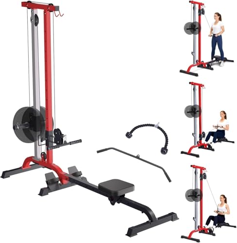 Takywep 2-in-1 Rowing Machine + LAT Pulldown Cable System for Home Gym - Adjustable High/Low Pulley, Seated Row Station, Compact Carbon Steel Full-Body Cardio & Strength Trainer - color: Black+Red