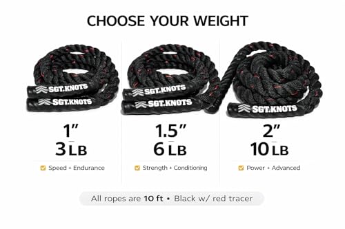 Weighted Battle Jump Rope, 10 FT Twisted Training Rope w/Thick Easy-Grip Handles, Full-Body Cardio + Strength Conditioning Rope (Choose 3 lb / 6 lb / 10 lb) - size: 2" x 10ft