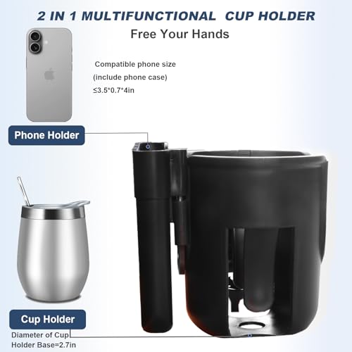 WHLICKS 2-in-1 Walker Cup Holder with Reversible Phone Holder，Fit for Wheelchair, Rollator, Scooter, Bike, Mobility, Camper, Stroller with Sturdy,Rotatable,Adjustable and Anti - Slip Clip - size: Reversible
