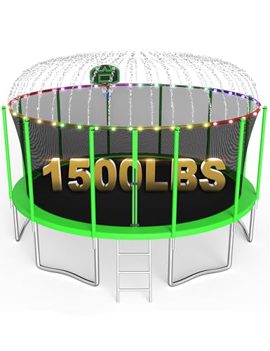 SKYUP Outdoor Tranpoline for Kids with Basketball Hoop, Light &Sprinkler - color: Green, size: 14FT