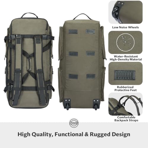 STOVER 45/80/100L U-Zip Rolling Duffel Bag with Wheels, Voyager Series X-Large Durable Travel Duffle + Toiletry Bag, Lay-Flat Opening, Packable w/Shoulder Straps- Use as Luggage or Backpack (Green) - color: U-Zip Voyager Green