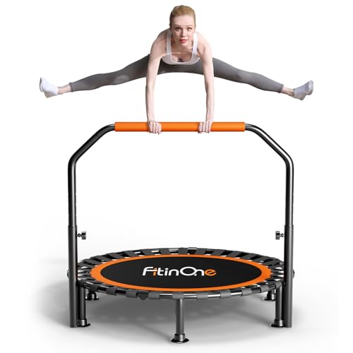 FitinOne 40"/48" Foldable Mini Trampoline Load 330lbs, Portable Exercise Rebounder with Durable Bungee Band, Fitness Trampoline for Adults - color: 40-Orange-Have Handle, size: 40-inch