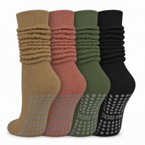 Pilates Socks with Grips for Women, Yoga Slouch Scrunch Socks - color: Yellow Green Red