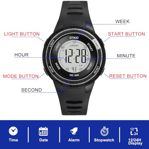 DTKID Digital Kids Watch 30 M Waterproof for Girls Boys 5-16 - color: Black