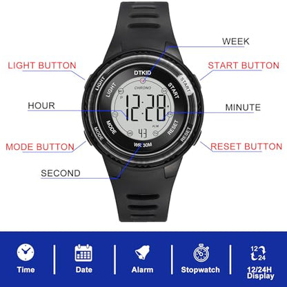 DTKID Digital Kids Watch 30 M Waterproof for Girls Boys 5-16 - color: Black