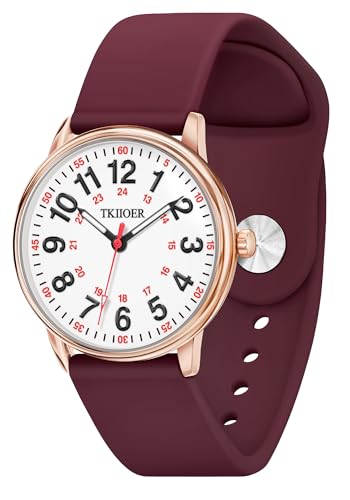 TKIIOER Nurse Watch for Nurse Medical Professionals Students Women Men, 50M Waterproof 12/24 Hour Military Time Luminous Easy Read Dial, Second Hand Watch for Nursing - color: Rose Wine Red